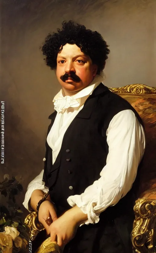 Image similar to Portrait of Alexandre Dumas, oil on canvas, highly detailed, high contrast, by Franz Xaver Winterhalter, 8k