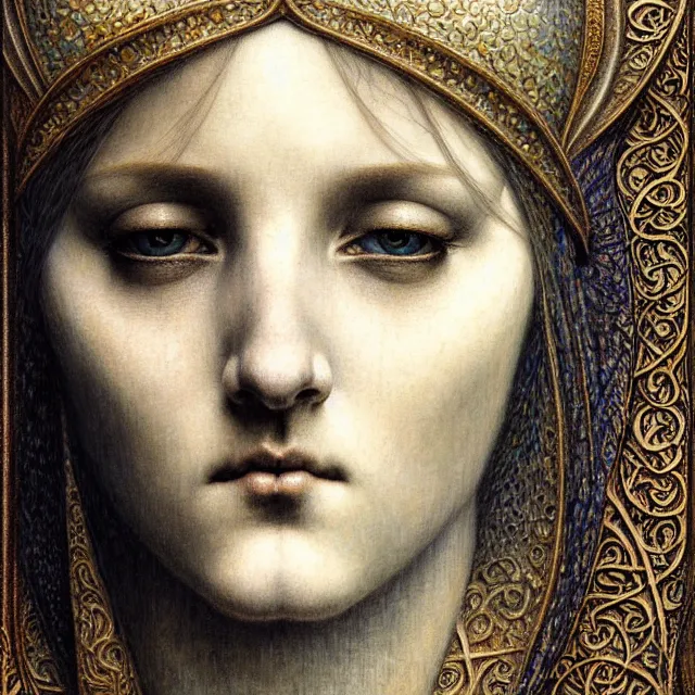 Image similar to detailed realistic beautiful young medieval queen face portrait by jean delville, gustave dore and marco mazzoni, art nouveau, symbolist, visionary, gothic, pre - raphaelite. horizontal symmetry