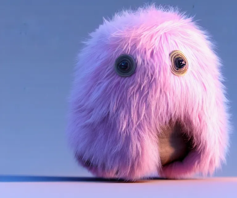 Image similar to high quality 3 d render hyperrealistic very cute small tardigrade, plush mascot, short spiky dense fluffy smooth hair, photo from the side, pink fluffy fur, 1 5 0 mm, beautiful natural soft light, rim light, vray, smooth background, artstation, ultra detailed