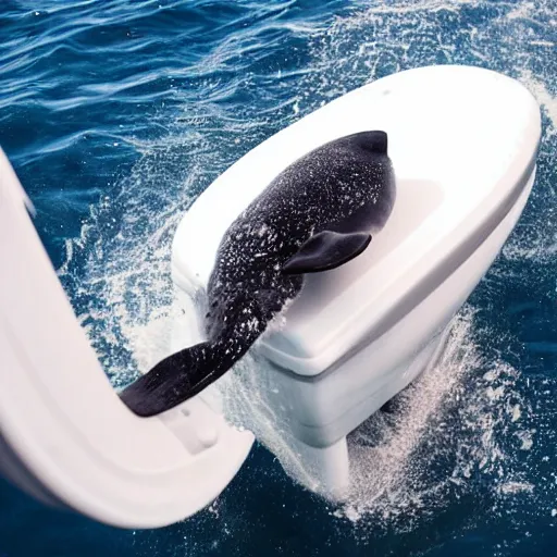 Prompt: a whales fluke sticking out of a toilet