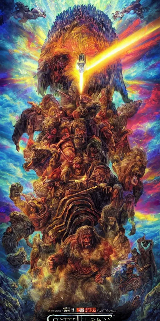 Image similar to a modern 8 k hi res well lit dynamic volumetric lighting god rays 8 0 mm photo of zardoz and goku monsters and orcs and horses hercules greek and roman mythology game of thrones psychedelic mushroom acid marvel iceland lemmings soldiers king arthur maul horror zombie battle scene from the future year 3 0 3 5 crispy details crunchy hi fx pixar