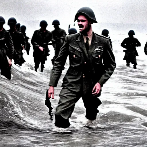 Prompt: Pewdiepie storming the beaches of Normandy, 1945, Colourized