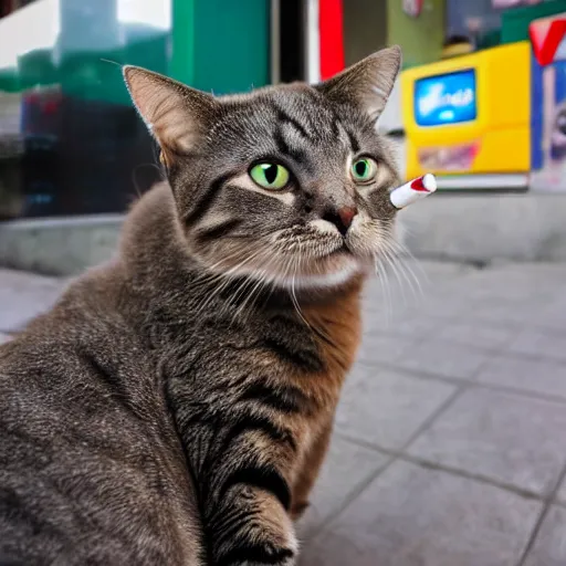 Prompt: cat smoking a cigarette in 7 - eleven wide angle lens