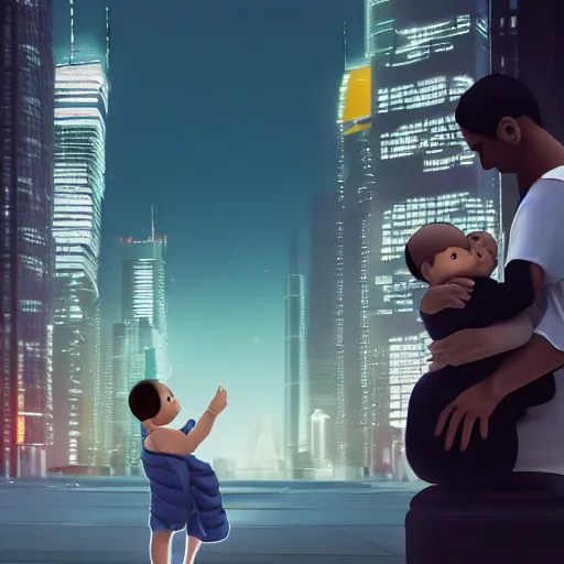 Prompt: two androids holding a human baby in a futuristic city scape. cinematic shot.