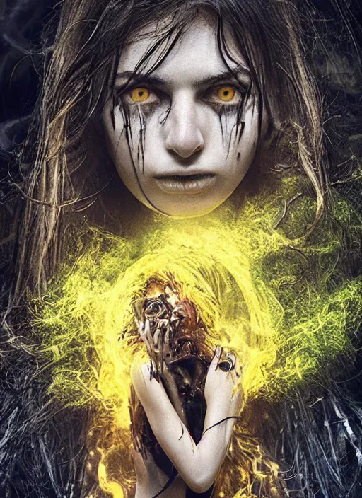 Image similar to masterpiece, emily ratajkowski , bones and veins, biopunk clothes, body horror, yellow glowing background, gustav dore, zdzislaw beksinksi, Ross Tran