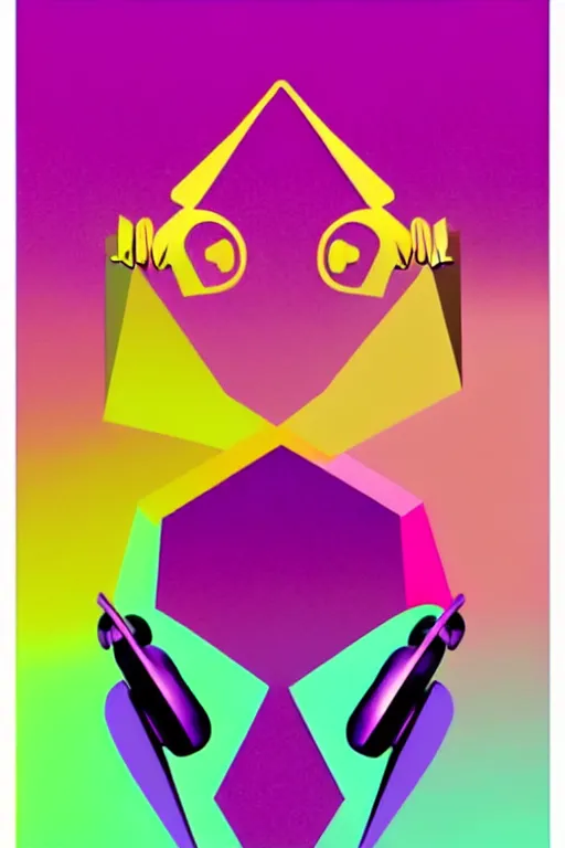 Prompt: chameleon wearing headphones in a smooth color gradient from gold to rose to purple with interlocking triangle polygons, vector blending the shapes, optical illusion diagram hexagon risoprint screenprint serigraph poster art by greg rutkowsky peter morbacher alex grey android jones max chroma