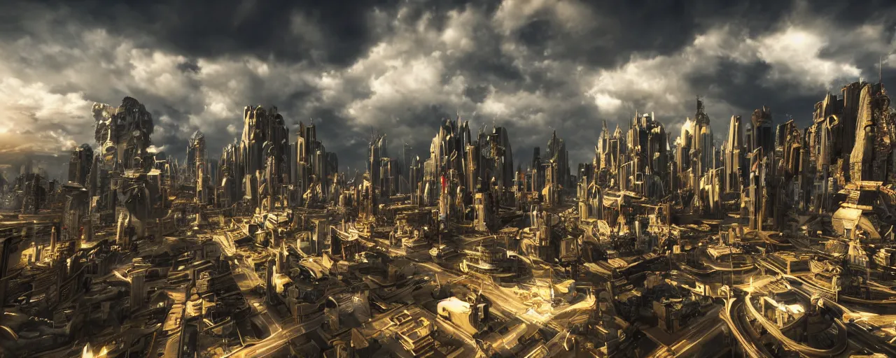 Prompt: majestic futuristic elf city, epic scale, dramatic buildings, dramatic clouds, cinematic sky, 8 k, unreal engine 5