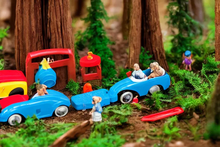 Prompt: fisher price redwood forest, california scene from tv show 5 5 mm 8 5 mm, toy photography, made out of plastic