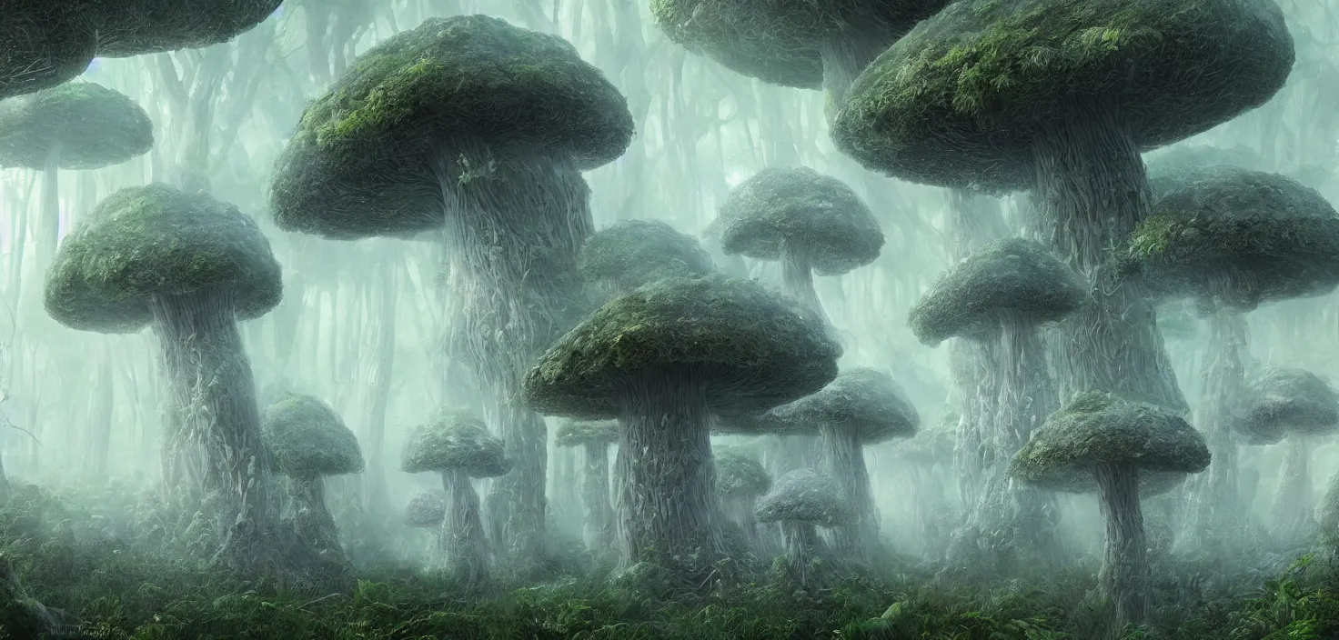 Image similar to a distant dense forest of giant bismuth mutated mushrooms, intricate, highly detailed, organic, volumetric fog, concept art, masterpiece