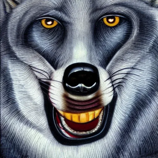 Prompt: realistic portrait of retarded wolf, eyes in different directions, vivid colors, very ugly face, missing teeth