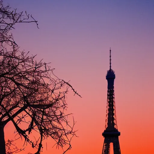 Image similar to baobab tree sunset with mountains and a pink eiffel tower upside down