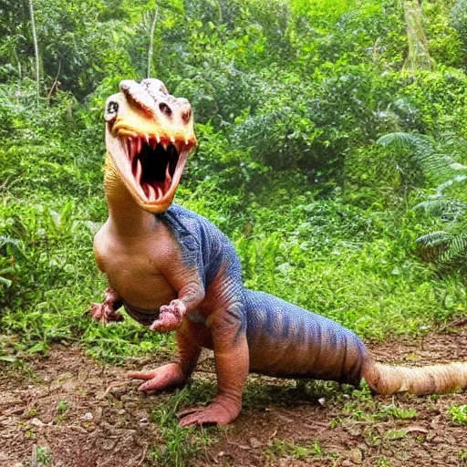Prompt: a friendly dilophosaurus coming out of a jungle, photography, award winning, national geographic channel, discovery channel, 8 k