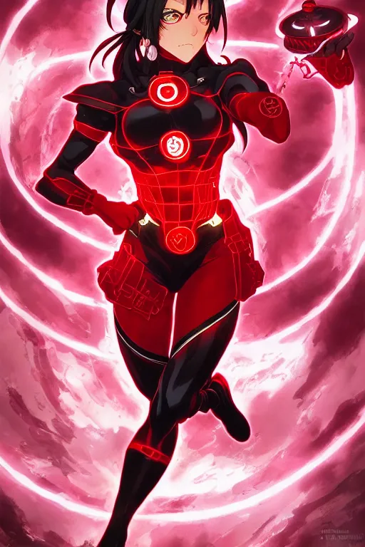 Image similar to anime key visual of a beautiful female red lantern!! intricate, red and black suit, glowing, powers, rage, anger, hate, dc comics, cinematic, stunning, highly detailed, digital painting, artstation, smooth, hard focus, illustration, art by artgerm and greg rutkowski and alphonse mucha