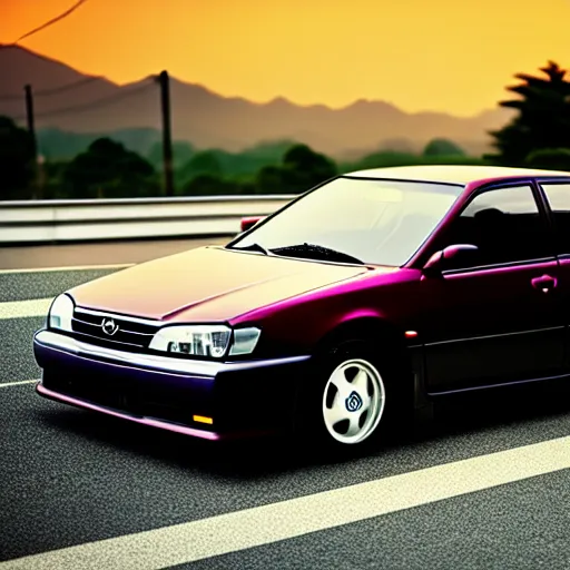 Image similar to a car Toyota JZX100 in middle of road, saitama prefecture, city sunset, cinematic color, photorealistic, highly detailed, bokeh