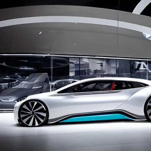 Image similar to a concept volkswagen vision gran turismo supercar inside a dark showroom with studio spotlights reflecting on the bodywork