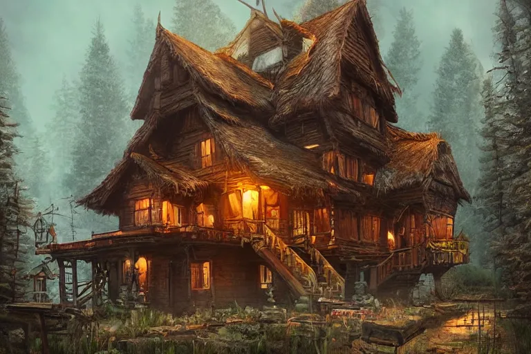 Prompt: a hyperrealistic fantasy illustration of Baba-Yaga's house. Trending on ArtStation. In the style of Jason Chan and Tuomas Korpi.