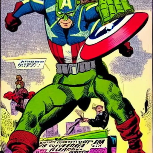 Image similar to Captain America fighting a vilain dressed as a giant pickle, comic book cover, by Stan Lee