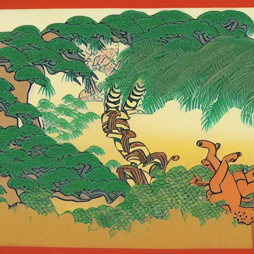 Prompt: painting of the jungle with jungle animals, great wave off kanagawa style,