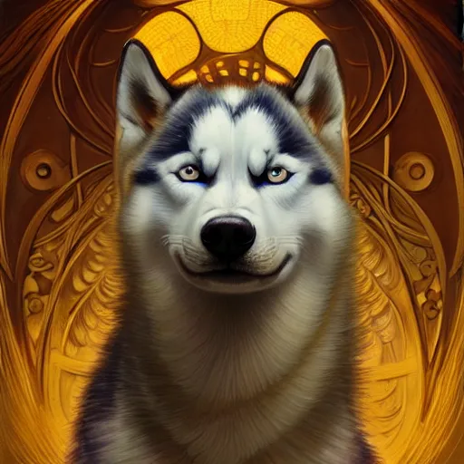 Image similar to beautiful detailed picture of a husky, radiant light, art nouveau, intricate, elegant, highly detailed, my rendition, digital painting, artstation, concept art, smooth, sharp focus, illustration, art by artgerm and greg rutkowski and alphonse mucha