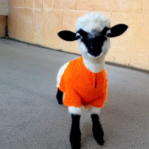 Image similar to cute lamb wearing orange inmate clothes