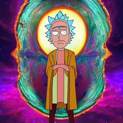 Image similar to The Sapiential sage dreaming with magical reflections of knowledge lost in time ultra high quality in the style of Rick and Morty