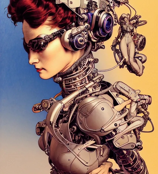 Prompt: face portrait of an elegant sexy pilot woman, cyborg aircraft parts, an ultrafine hyperdetailed colorfull illustration by kim jung gi, moebius, irakli nadar, alphonse mucha, ayami kojima, amano, greg hildebrandt, and mark brooks, female, feminine, art deco, new baroque, intricate linework, colors by frank frazetta