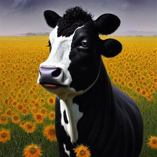 Image similar to portrait of black and white cow, field of sun flowers landscape, rich vivid colors, fantasy, intricate, elegant, highly detailed, digital painting, artstation, concept art, matte, sharp focus, illustration, art by Artgerm and Greg Rutkowski and Alphonse Mucha