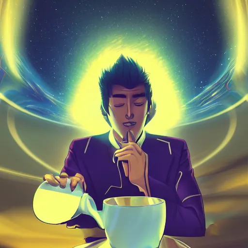 Image similar to A man drinking a cup of cosmic energy bright light by Masafumi Harada, 4k, digital art, surreal, anime style, space dandy style, highly detailed, godsend, artstation