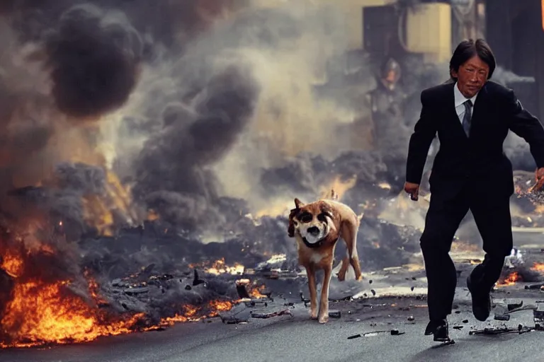 Image similar to cinematography action movie closeup portrait of a Japanese business man carrying his dog running from an explosion in Tokyo by Michael Bay