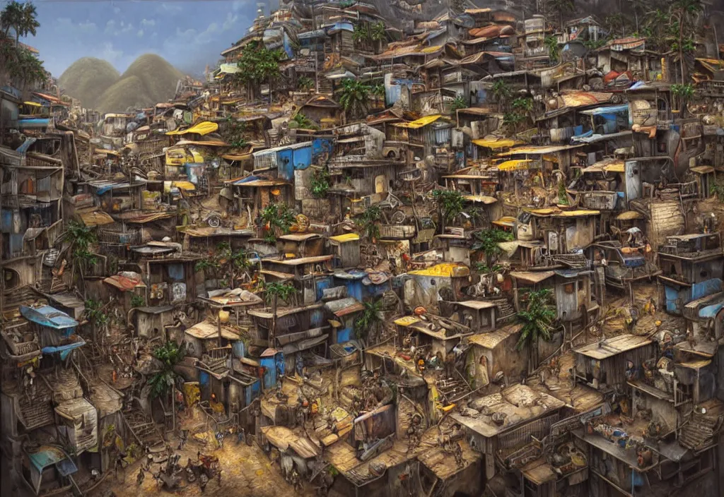 Image similar to photorealistic favela rio with precise rendered guns with intricate details of gun happy people in by Justin Gerard