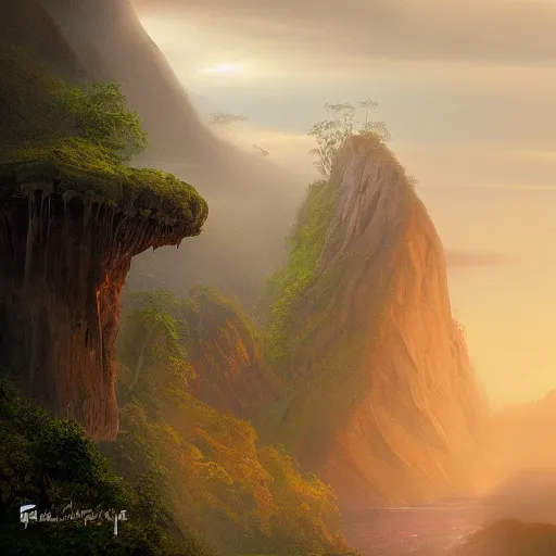 Prompt: An incredible matte painting about an artless painting of a giant autonomous spaceship landing in a misty rainforest, surrounded by mountains and clouds. Featured on artstation The machine in the temple, aztec jade, reflective