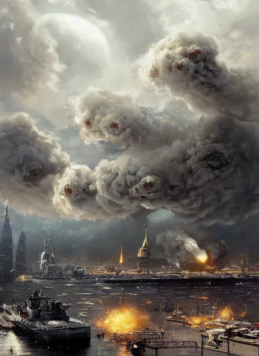 Image similar to hyper realistic giant fluffy siamese cat attacking moscow city harbor explosions, atomic bombs, atmospheric beautiful details, strong composition painted by kim jung giu weta studio rutkowski, james gurney and greg rutkowski, and lucasfilm