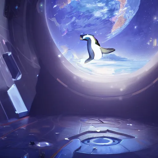 Image similar to magical penguin in a space station looking at the earth , realistic cinematic, volumetric lighting, centered, symmetrical, sharp focus, digital painting, mystical art, smooth, trending on Artstation, 4k