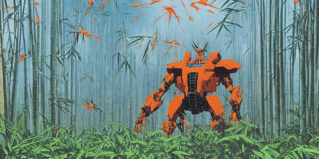 Prompt: grainy risograph matte painting of gigantic huge evangelion - like mech covered with wounds, blue, exotic orange vegetation, orange trees, orange flowers, tall bamboo grass, pastel matte colors, staying in the foggy huge swamp covered with web and cotton, fireflies, by moebius, kim jung gi, hyperrealism