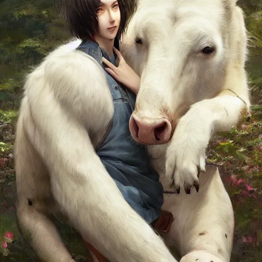 Image similar to a person hugging a large white animal, a detailed painting by krenz cushart, pixiv contest winner, fantasy art, official art, detailed painting, pixiv. highly detailed. 4 k masterpiece. unreal engine. photorealistic. realism. cinematic. photorealism. wideshot. coherent.