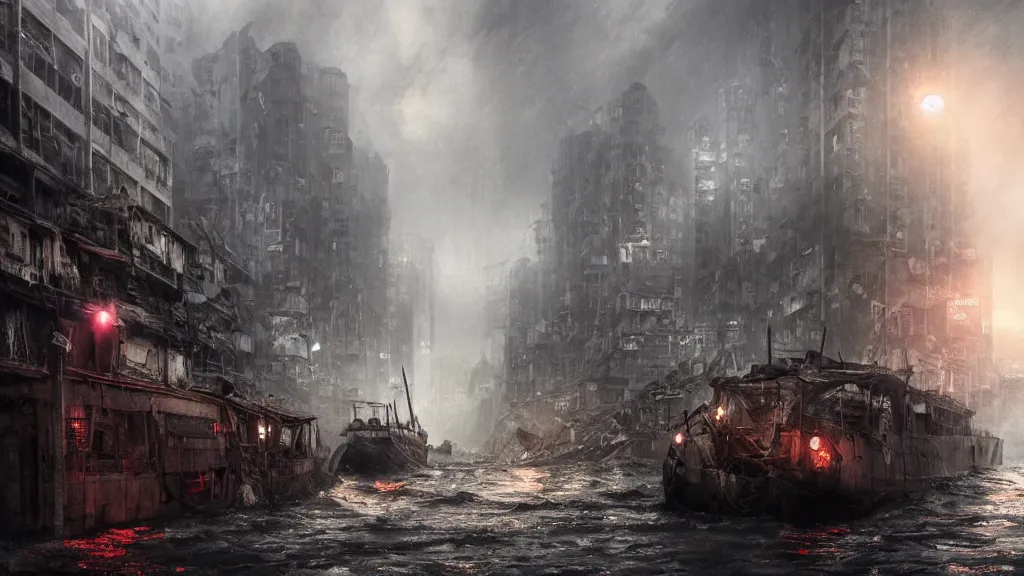 Prompt: dramatic Photorealistic,hyper detailed Matte Painting of a tug boat with bright head lights exploring post apocalyptic flooded ruined Hong Kong city street,Sunset,dark Tall empty buildings,Dark stormy waters by Greg Rutkowski,Craig Mullins,Hyperrealism,Beautiful dark dramatic moody lighting,Cinematographic Atmosphere,Volumetric light rays,VRay Rendering,8K