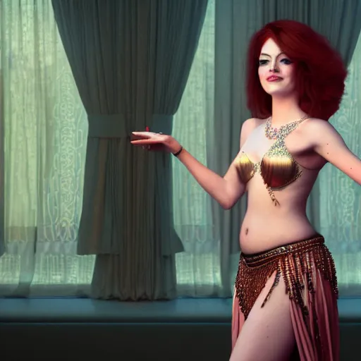 Image similar to a photorealistic portrait of actress emma stone dressed as a belly dancer, arabian night, volumetric lightening, octane render, high quality, fully detailed, 4 k, in focus sharp face with fine details, realistic hands and anatomical composition, inspired by belly dancer on youtube, alphonse mucha, masterpiece, stunning