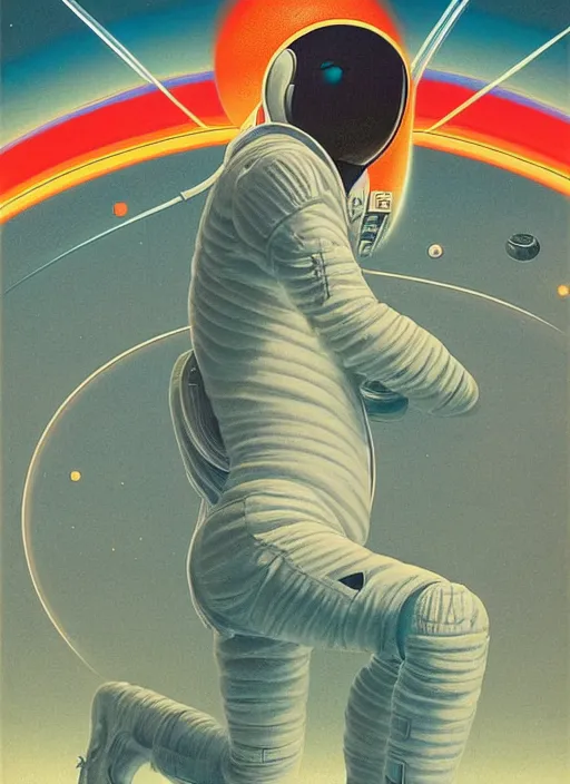 Image similar to a meditating astronaut, by vincent di fate, artgerm julie bell beeple, 1 9 8 0 s, inking, vintage 8 0 s print, screen print