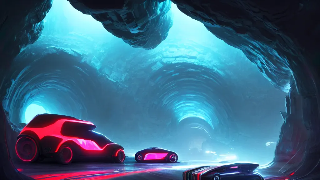 Prompt: dodge electric concept car riding through underground cyberpunk caverns. cave. tunnel. digital render. digital painting. beeple. noah bradley. cyril roland. ross tran. trending on artstation.