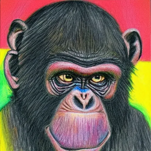 Prompt: self portrait made by a chimp, crayon, smudged, colorful, scribbled