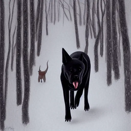 Prompt: a beautiful black dog walking away in the forest by sylvain sarrailh