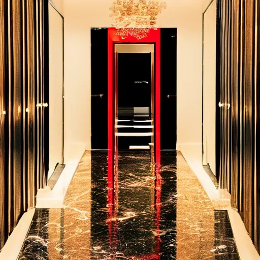 Image similar to a rectangular hallway of pure black reflective marble leading towards a red chair surrounded by gold cronenberg esque tools