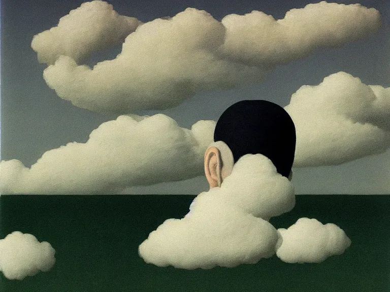 Image similar to man hidden behind cloud, painting by rene magritte, high detail, high resolution