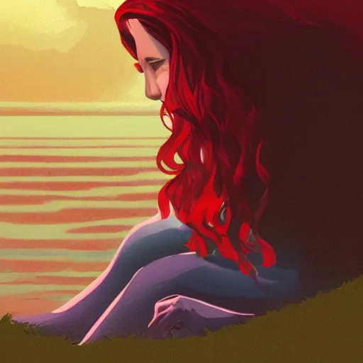 Prompt: a beautiful comic book illustration of a woman with long red hair sitting near a lake at night by daniele afferni, featured on artstation