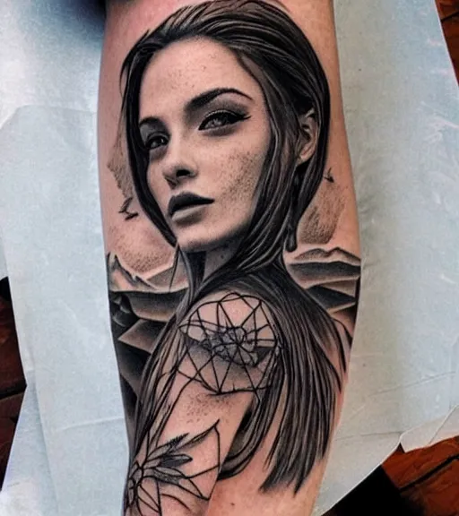 Image similar to hyper realistic tattoo design of a very beautiful woman against a background of beautiful mountains and nature, in the style of den yakovlev, amazing detail