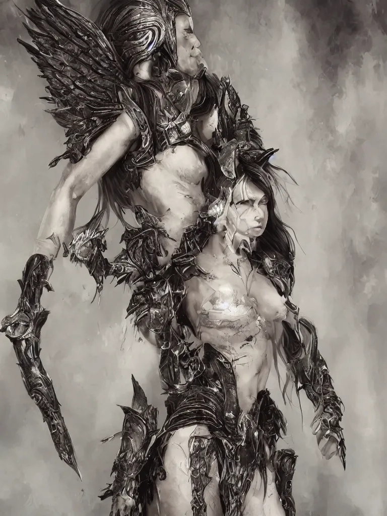 Image similar to 8K render! beautiful Adriana Lima in Skyrim MOD Angel Armor, wings wide opened , whole body heavily covered in elfish tattoos , intricate, elegant, highly detailed, digital painting, artstation, wallpaper!, concept art, smooth, sharp focus, high fantasy illustration, art by artgerm and Vasylina, and Peter Andrew Jones