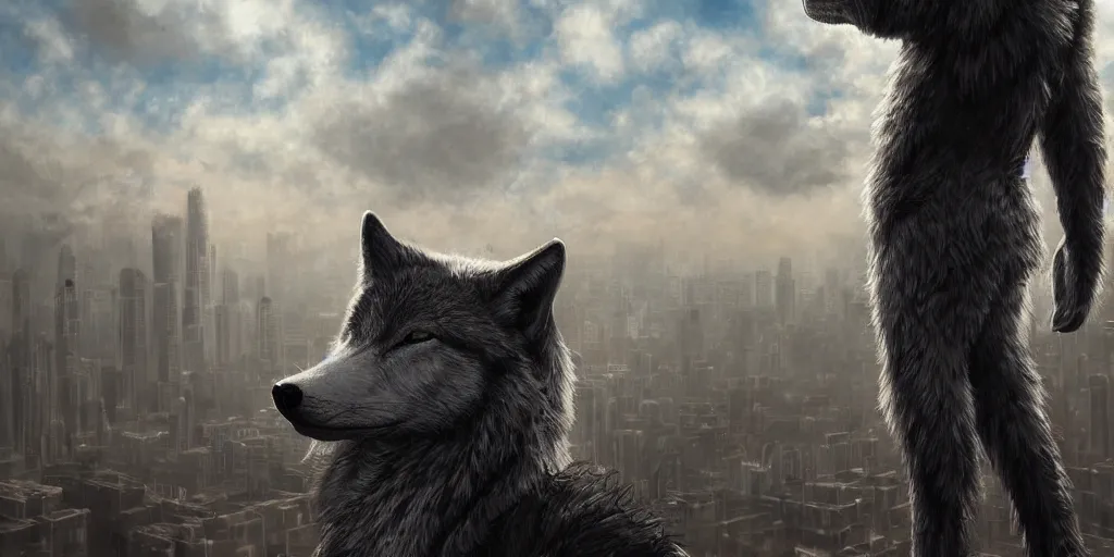 Prompt: ultra realist and ultra intricate detailed soft painting of an anthro! wolf with a black jacket, volumetric clouds, city background, wistful, bokeh, artstation, unreal render, depth of field