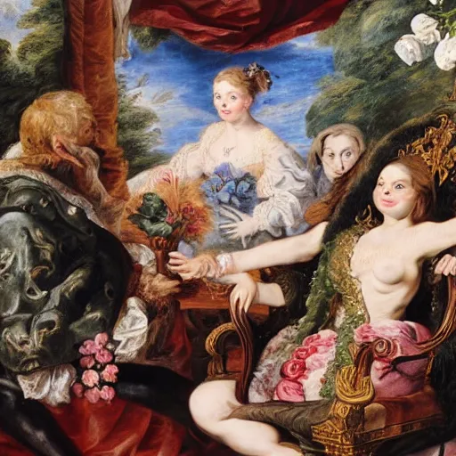 Image similar to realistic Pepe frog relaxed in a king's chair surrounded by beautiful women and flowers, clear weather, Peter Paul Rubens style