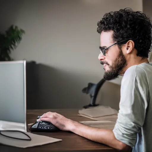 Image similar to human sitting in front of computer, but human is dinosaur, photorealistic, 5 5 mm