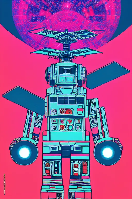 Prompt: drawing of an 8 0 s art deco international space station filled with electronic equipment, japanese gundam mech, robots, led screens, droids, a detailed comic panel by kilian eng, moebius, featured on deviantart, psychedelic art, psychedelic, dmt